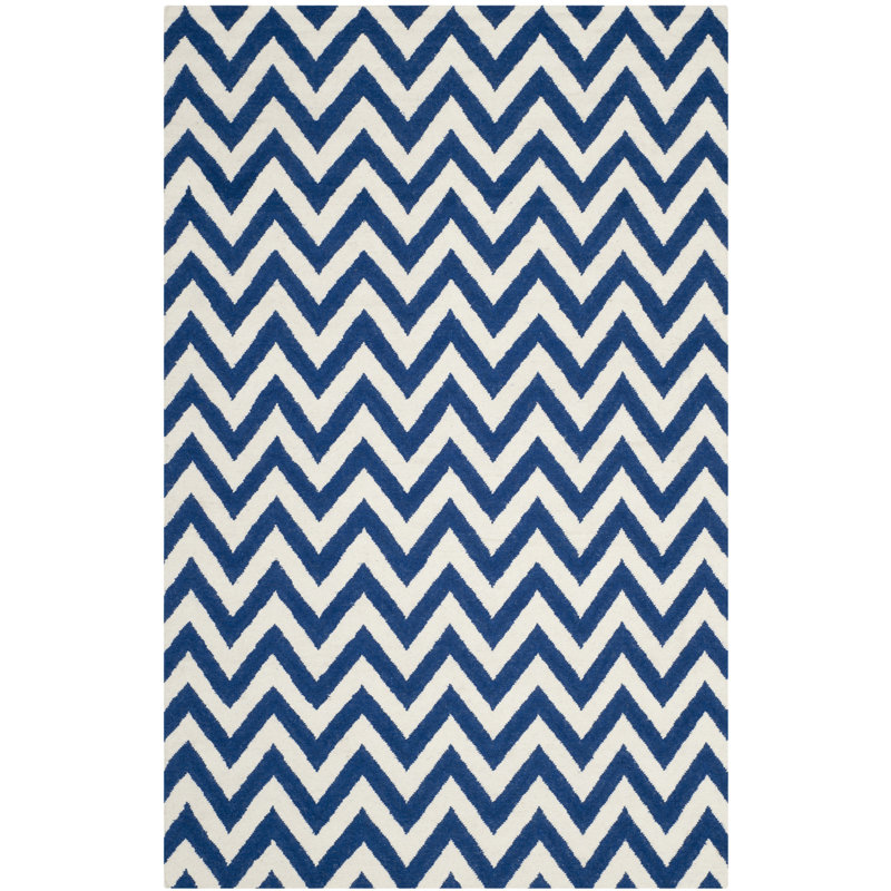 Emek Hand Woven Flat Weave Wool/Cotton Chevron Rug in Ivory/Blue, Rectangle 6' x 9'