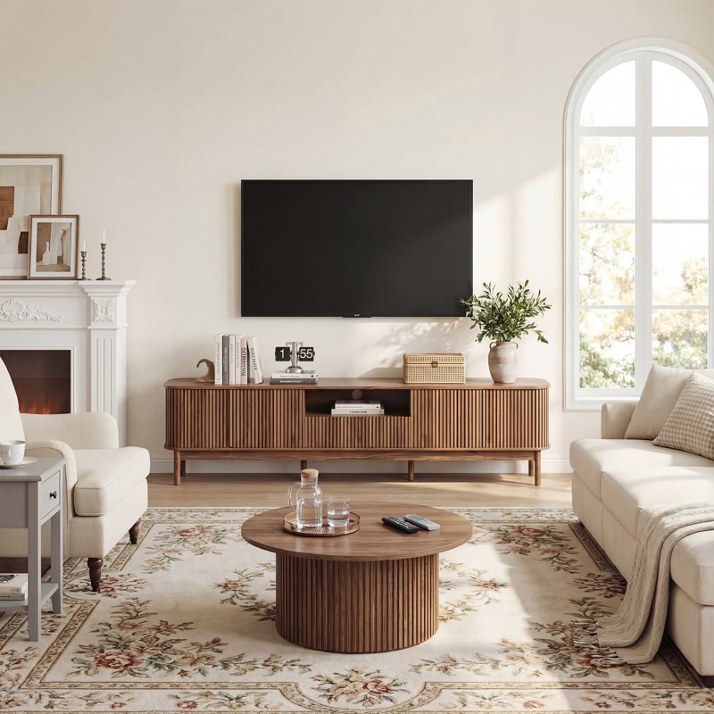86.6" W Media Console Table with Sliding Door，Large TV Stand For Tvs Up To 85" For Living Room And Bedroom,Brown, Brown