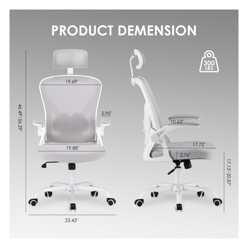 Chaise de bureau ergonomique avec support lombaire réglable, chaise de bureau à haut dossier avec appui-tête et accoudoirs rabattables, chaise d'ordinateur en filet respirant pour salle d'étude de bureau à domicile - blanc et gris