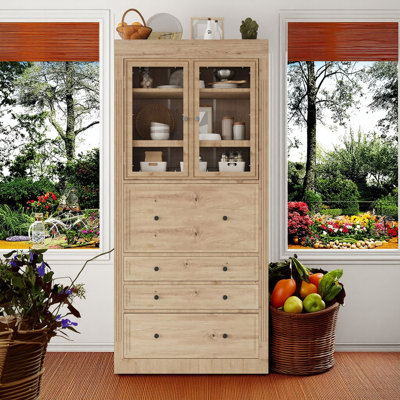 78" Tall Freestanding Kitchen Pantry Cabinet with Power Outlet, Shaker Style Storage Cabinet with Glass Doors, Adjustable Shelves and 3 Drawers for Ki by Red Barrel Studio