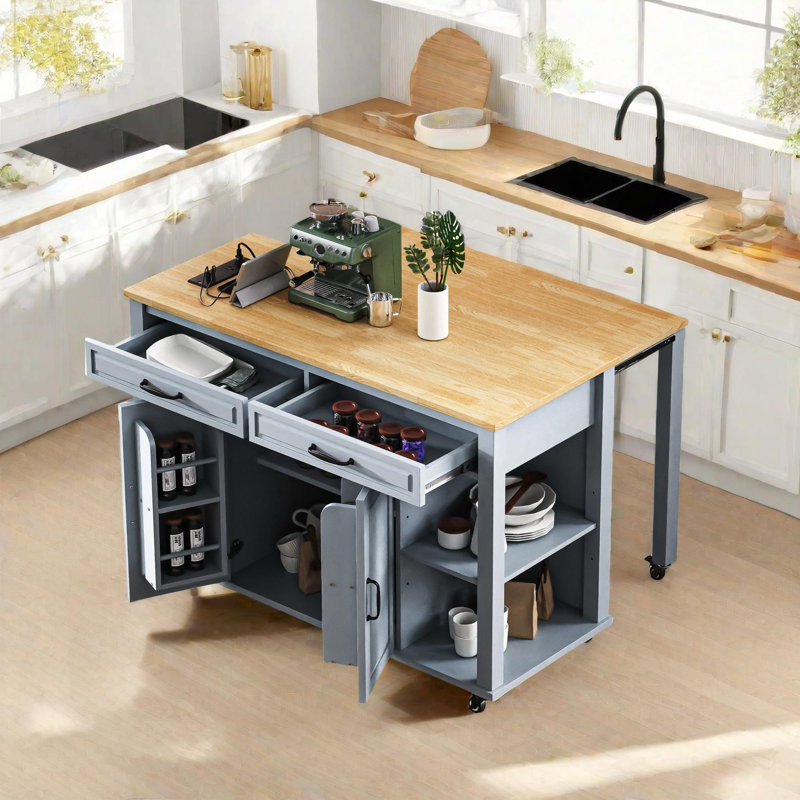 Kitchen Island with Extendable Dining Table, Gray Blue