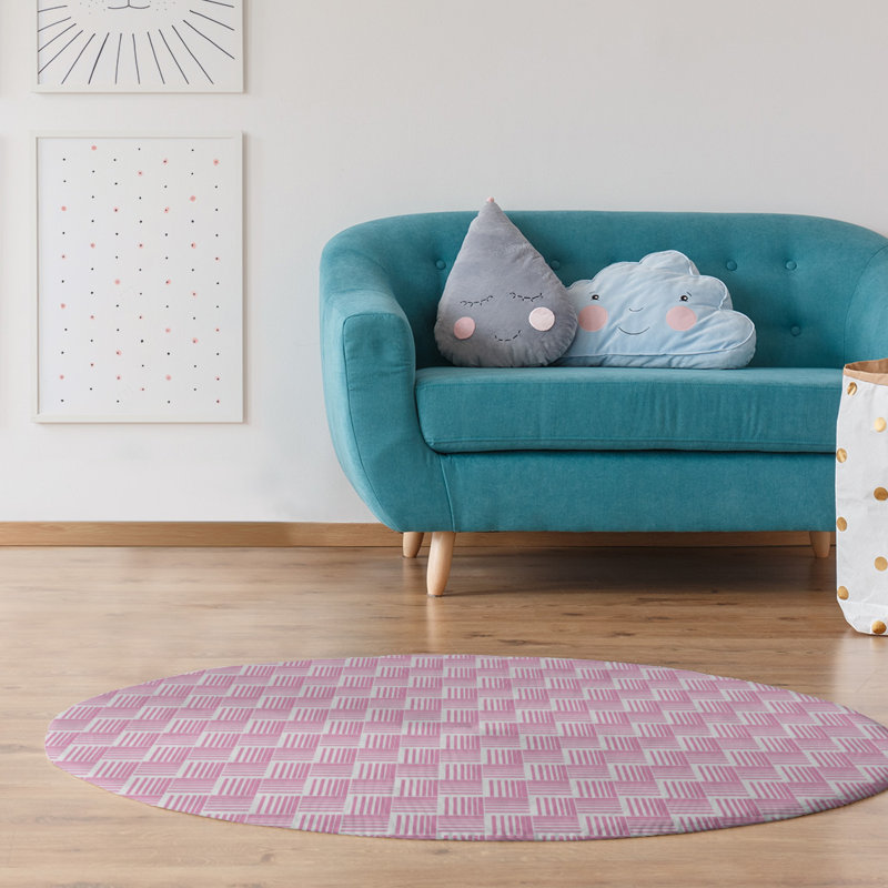 Tapis rose/blanc rayures basketweave, Rond 5 pi