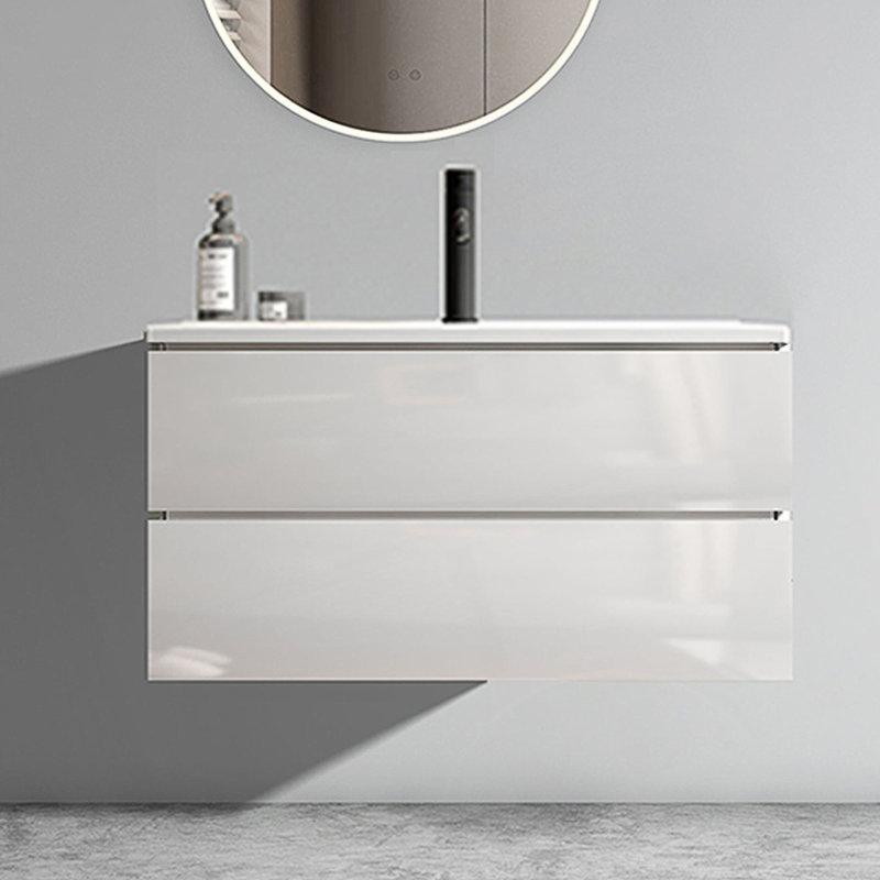 Meuble-lavabo mural moderne avec lavabo en céramique et trou unique, Blanc lustré, 36"