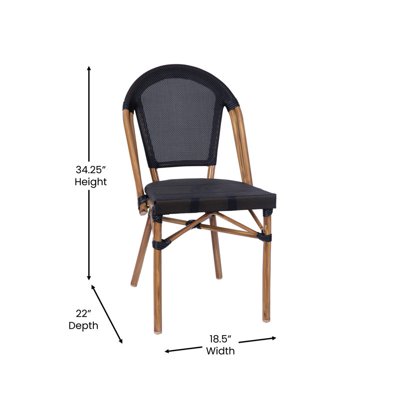 Black and Natural Armless Stacking Bistro Chairs with Metal Frame, Set of 2