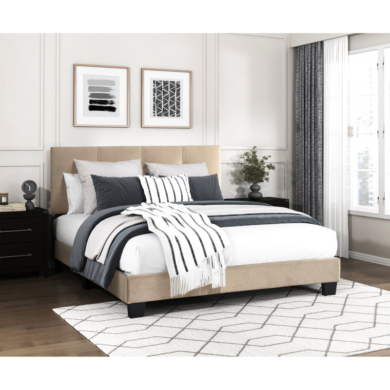 Mobilier de chambre à coucher double plateforme en velours brun avec tête de lit réglable, Lit double, Marron clair