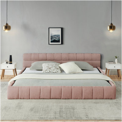 Grand cadre de lit tapissier grand avec tissu épais, lit plateforme grand format en chenille avec tête de lit et cadre. Aucun sommier tapissier requis, beige