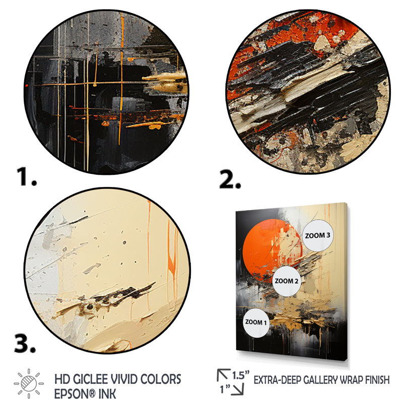 Forme de lune orange - art mural abstrait, Cadre flottant doré, H 40 po x l 30 po x P 1,5 po