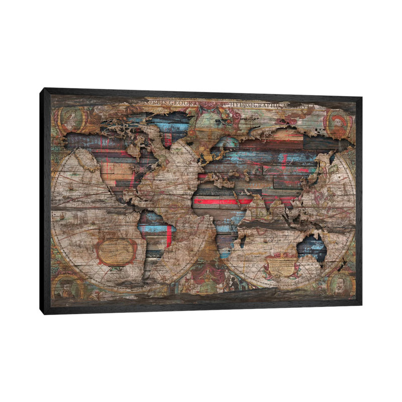 Distressed World Map by Diego Tirigall - Print on Canvas, 101.6 cm H x 66.04 cm W, Black Framed