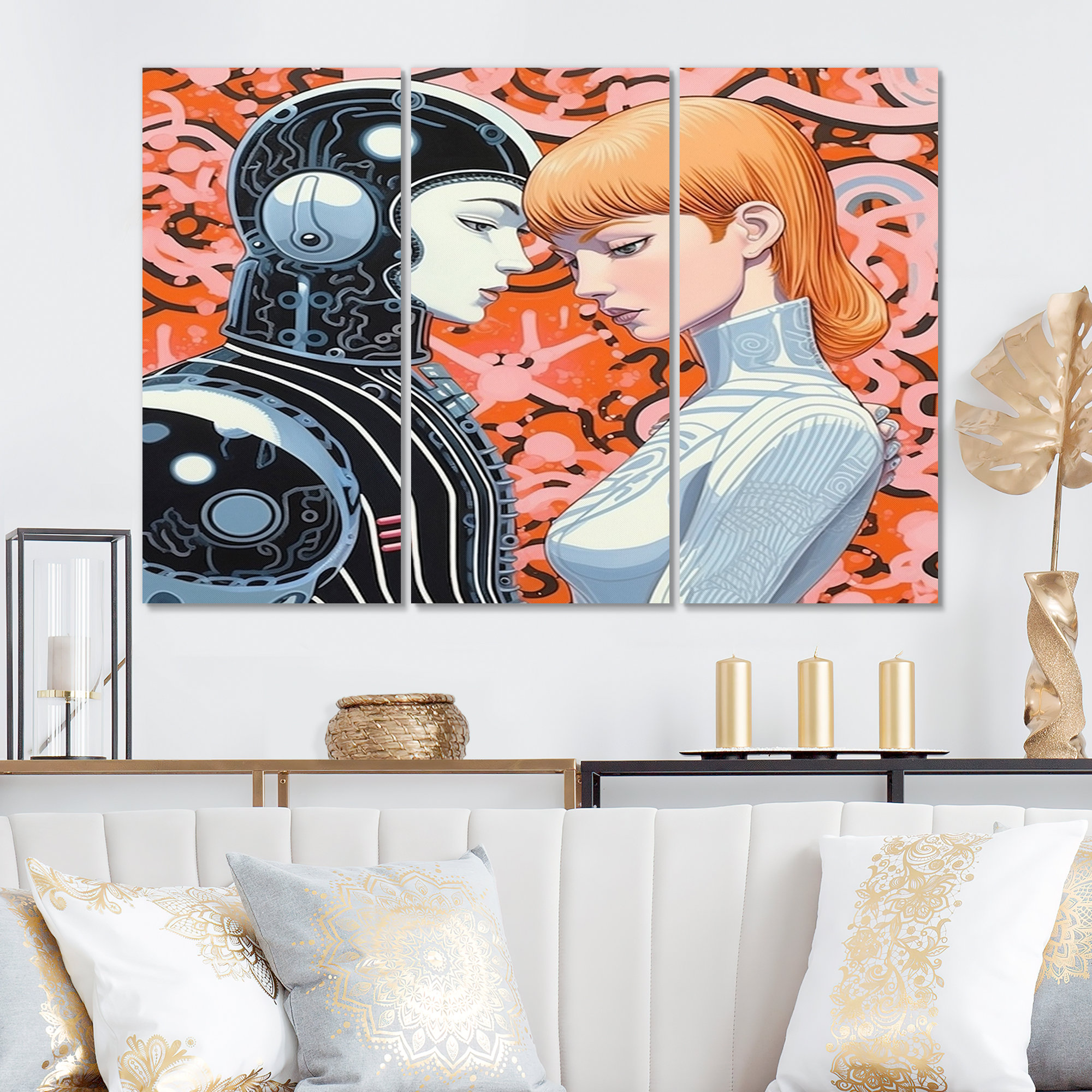 Design Art Hot Robots In Love Retro Illustration I - Robot Canvas Print ...