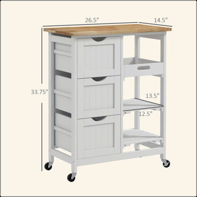 Rolling Kitchen Island Cart, Bar Serving Cart With Drawers, White