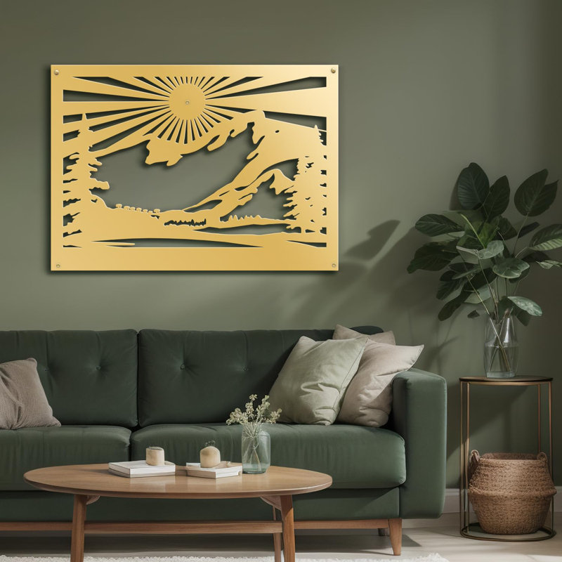 Sun Mountain Forest Landscape Decor Modern Abstract Wall Accent Sculpture, H 12,96 po x l 18 po x P 0,05 po, Doré
