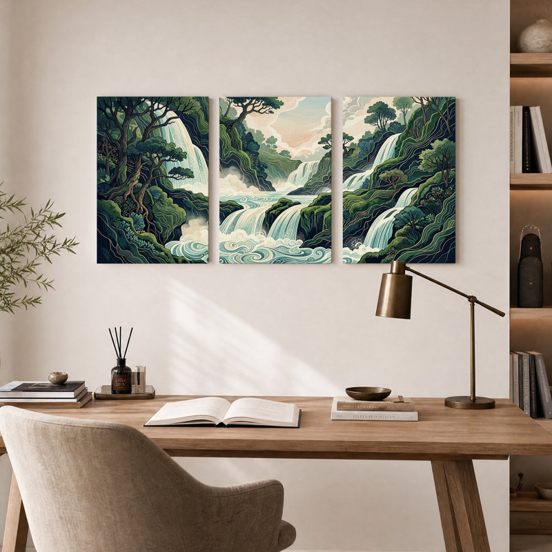 Ensemble de 3 toiles murales représentant des cascades dans une forêt turquoise et verte, 18"H x 12"W x 3pcs