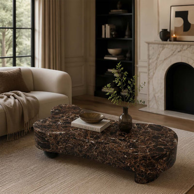 Faux Travertine Modern Irregular Coffee Table, Walnut Wood Texture Faux Marble Top, with Hidden Storage and Fluted Detailing
