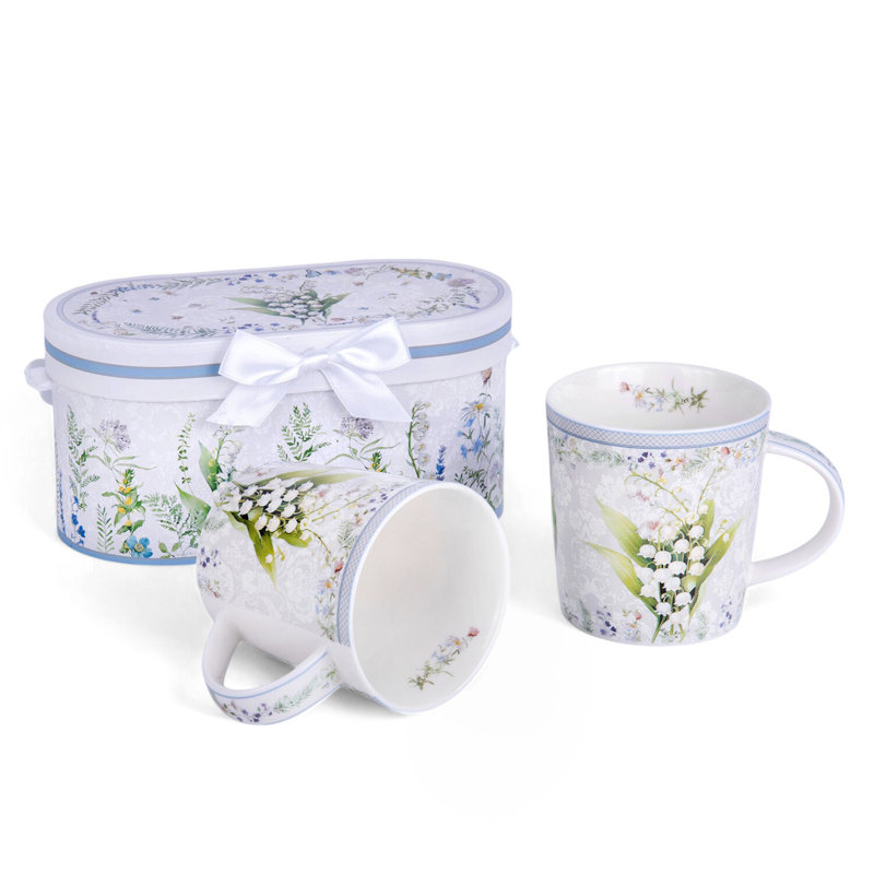 Lily of the Valley White Ceramic Floral Mug Set