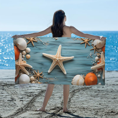 Serviette de plage Beach Starfish Seashell, surdimensionnée en microfibre, sans sable, à séchage rapide, pour salle de bain, pour femmes, couverture de voyage, cadeau essentiel pour les amis et la famille, 35 po x 70 po
