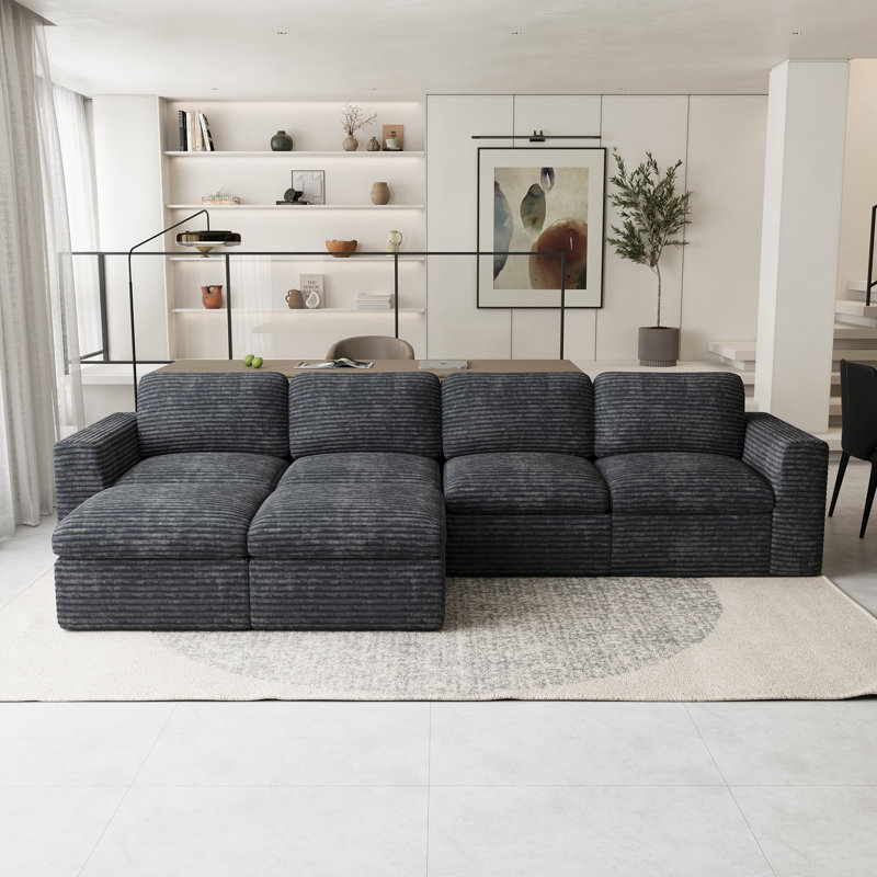 Wide Plush Corduroy Sofa L-Shaped U-Shaped Cloud Compression Sofa Boneless Sponge Sofa Livingroom Couch, Gray Corduroy