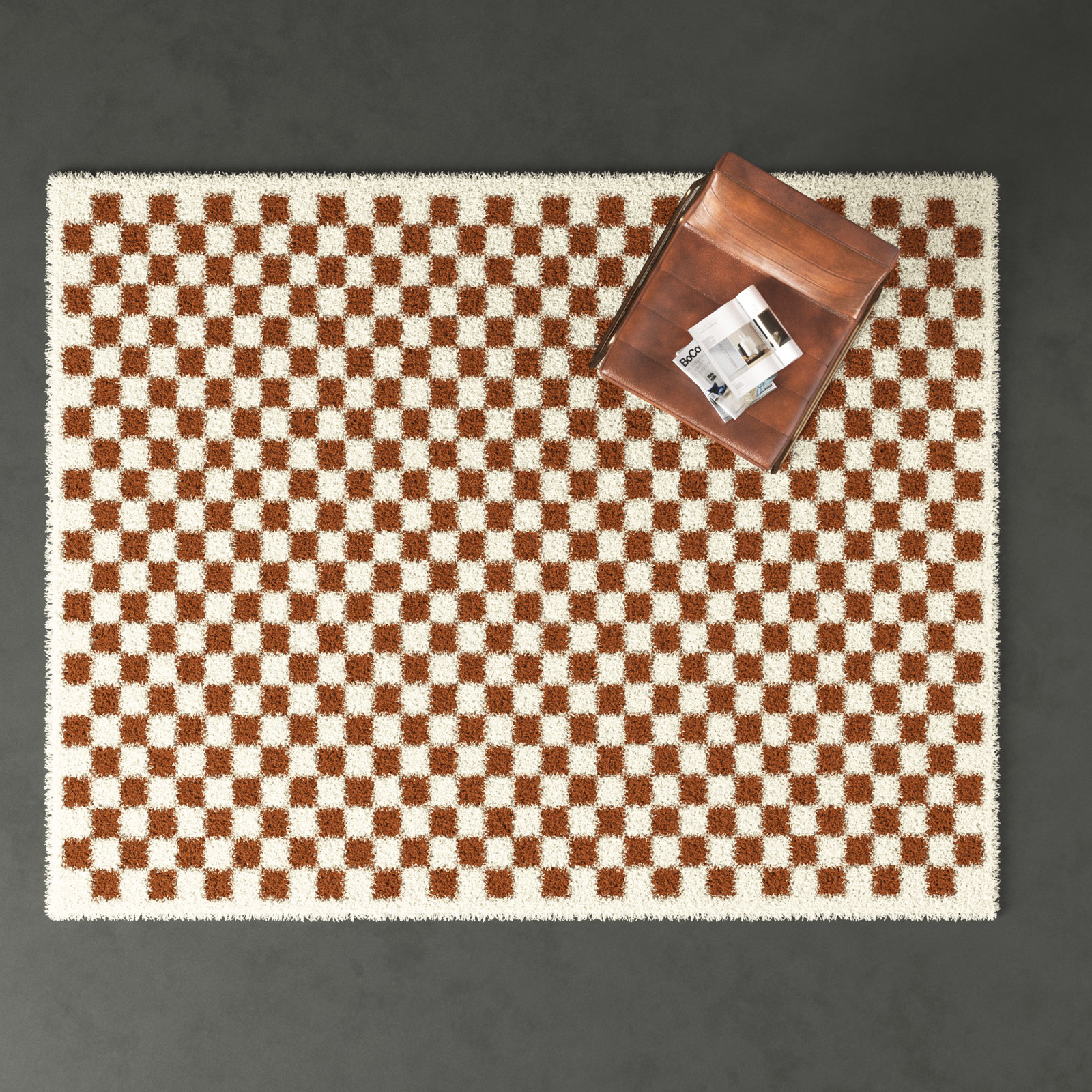 Walker Burnt Orange Cream Checkered Shag Rug, Rectangle 7'10" x 10'