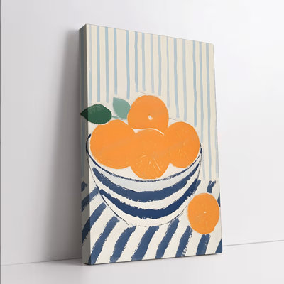 1PC, art mural encadré, art abstrait moderne sur toile de fruits avec fond rayé bleu et motif d'agrumes orange pour la cuisine, salon, décoration minimaliste, œuvre d'art prête à être accrochée