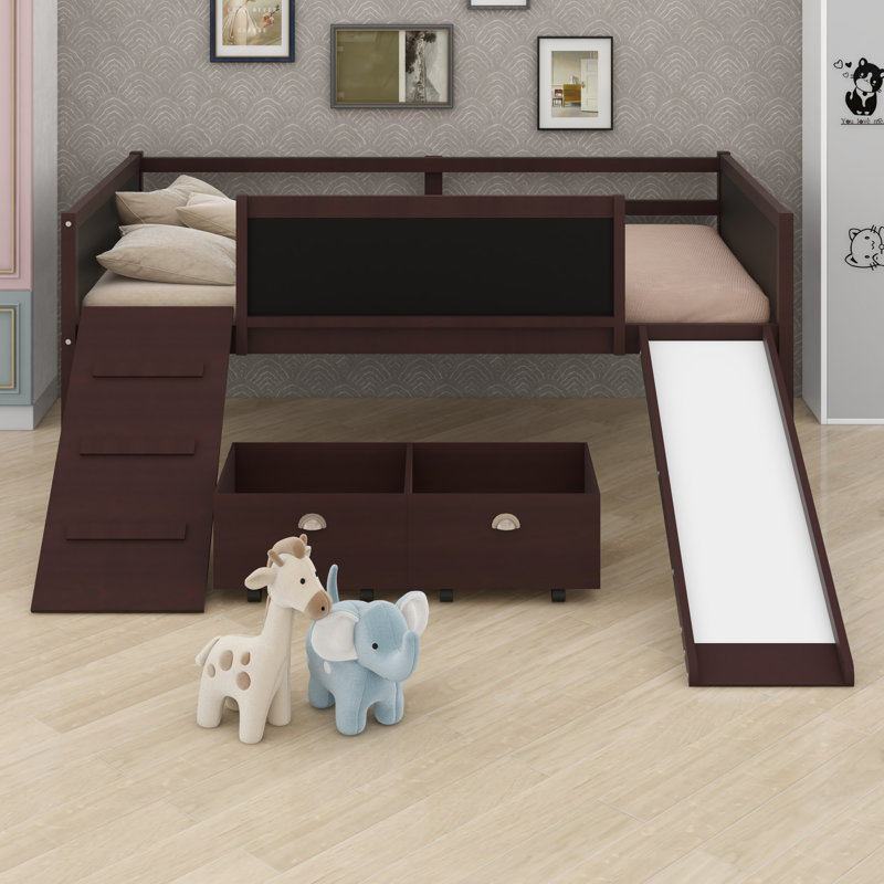 Loft Bed Wood Frame Featuring Two Built-in Storage Boxes, Perfect for Kids and Teens, Espresso