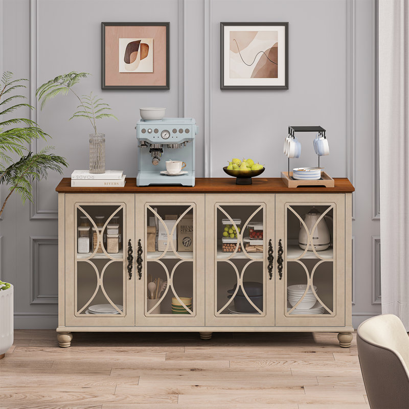 Armoire élégante à 4 portes de style européen antique avec portes en verre trempé, Beige