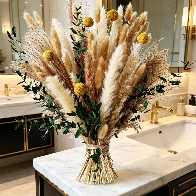 Bouquet de fleurs séchées à la main Boho - herbe de la pampa, queues de lapin, eucalyptus préservé et craspedia, décor de maison de campagne rustique pour salon, centre de table de mariage de chambre à coucher, cadeau d'anniversaire unique de penda