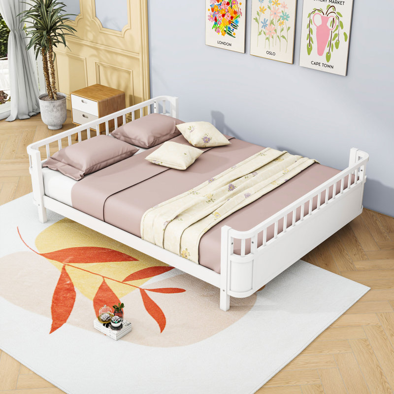Lit plateforme en bois avec rails, White