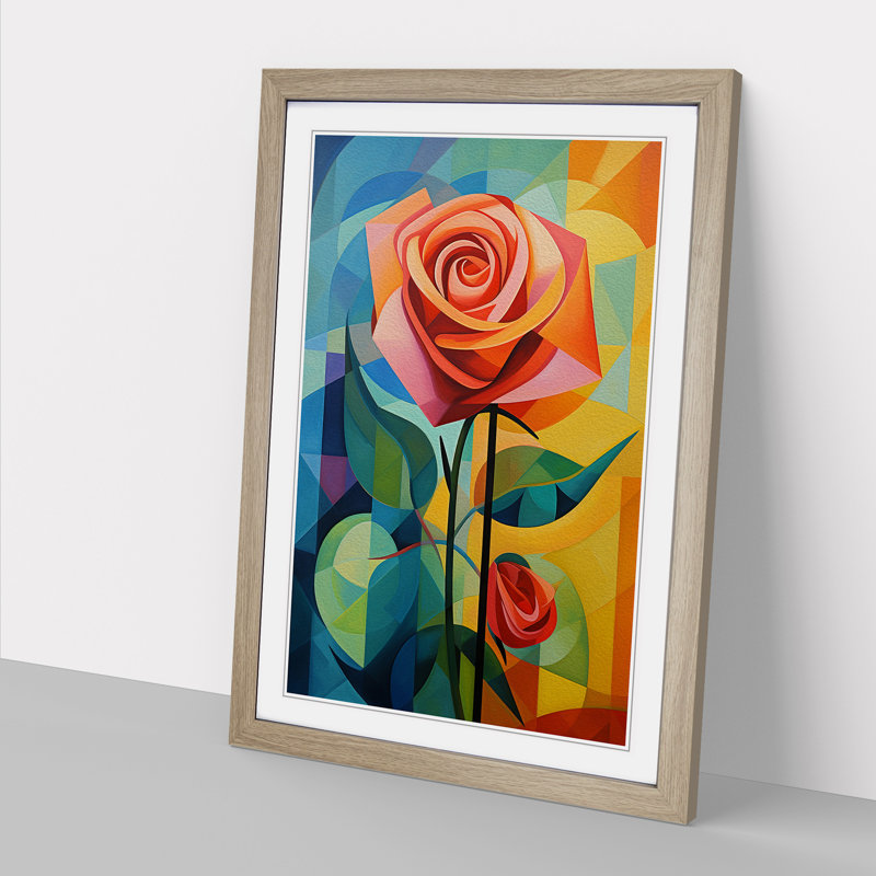 Rose Cubism - Single Picture Frame Print on Wood, Oak, 34cm H x 25cm W x 2cm D