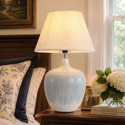 18.5 In. Modern Ceramic Table Lamp With Linen Shade Desk Lamp For Bedroom Living Room