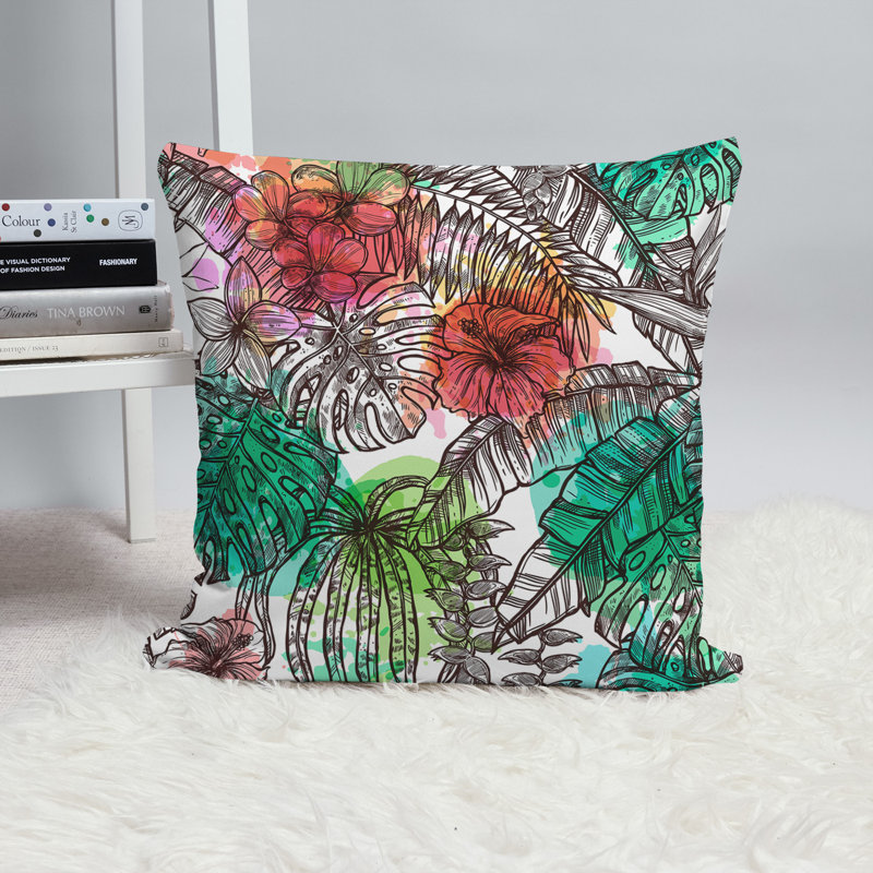 Housse et insert de coussin carré intérieur / extérieur Floral, 24" X 24", Jungle aquarelle