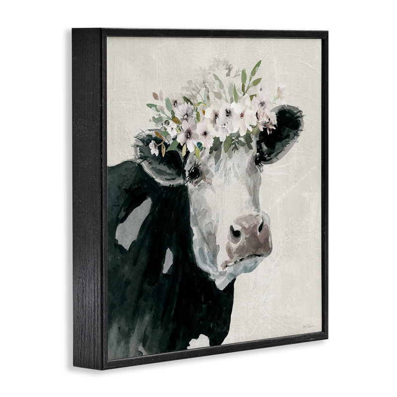 «Gazing Cow with Florals», art de la giclée encadrée par Carol Robinson, H 12 po x l 12 po, Noir