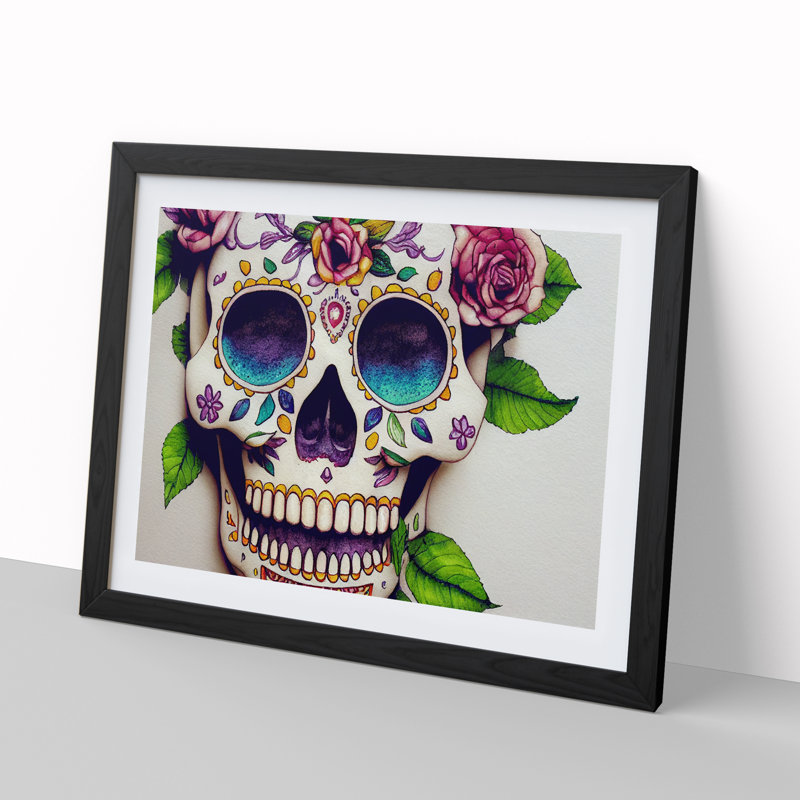 Masterful Floral Sugar Skull - Single Picture Frame Print, Black, 46cm H x 64cm W x 2cm D