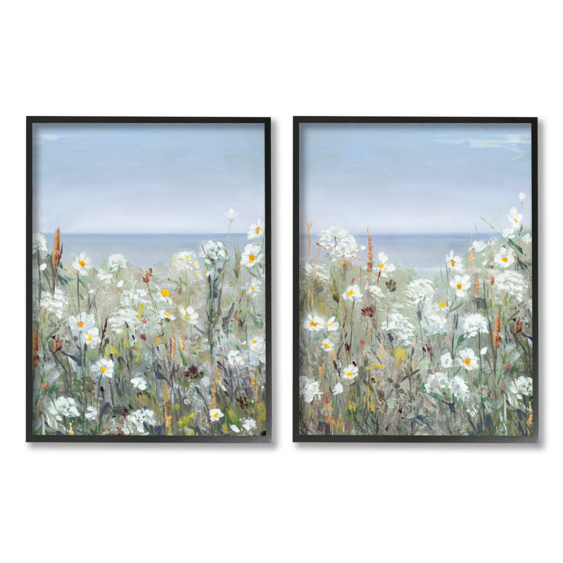 «Beachside Wild Flowers Blooming Distant Ocean Scene» par Sally Swatland - ensemble de 2 peintures sur toile flottantes