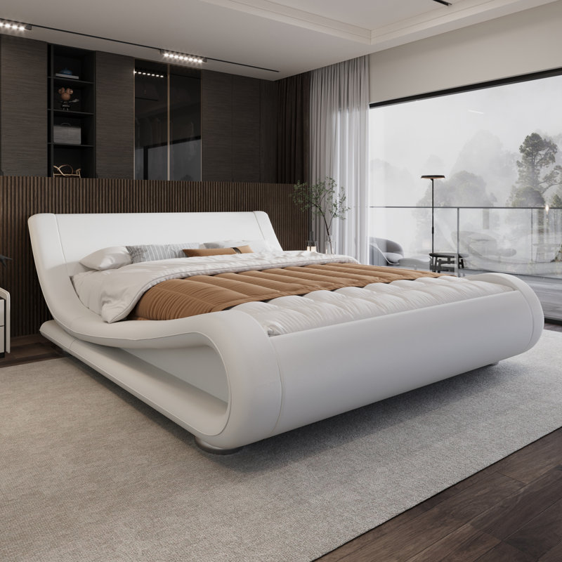 Low Profile Sleigh Bed With Faux Leather Ergonomics Headboard, Full, White
