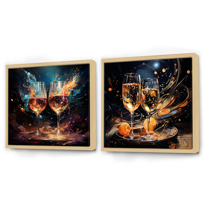 Joyful Bubbles - Ensemble de 2 collages carrés vin et champagne, Cadre flottant brun, H 36 po x l 73 po