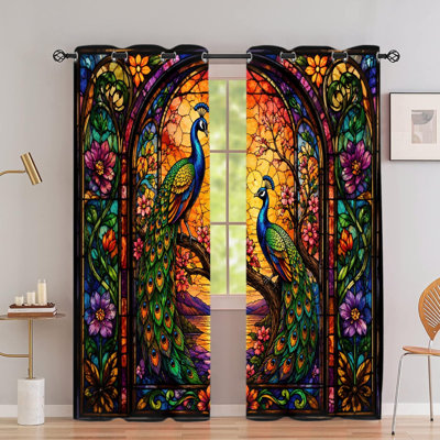 2 pièces de rideaux occultants en verre teinté avec œillets à motif de paon, drapeaux à imprimé floral en vitrail à motif floral, blocage thermique isolant, protection de la vie privée, rideaux obscurcissants décoratifs pour salon, chambre à coucher, décoration intérieure