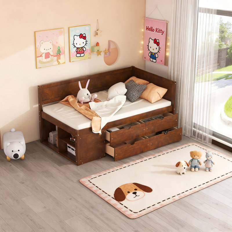 Lit de jour avec tiroirs et tablettes, peu encombrant et élégant pour les chambres à coucher et les chambres d'amis modernes