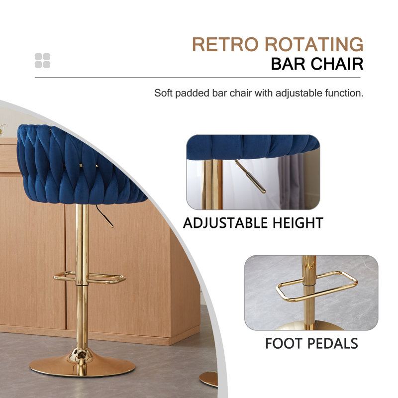 Tabourets de bar modernes capitonnés, tabourets de bar à base plaquée or et sièges en velours à la mode pour les repas et les divertissements (bleu)