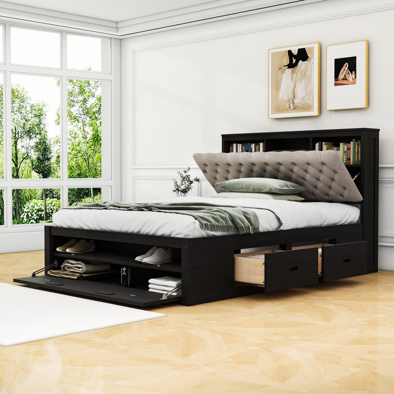 Grand lit plateforme 4 tiroirs en bois avec range-chaussures Caiyden, Espresso