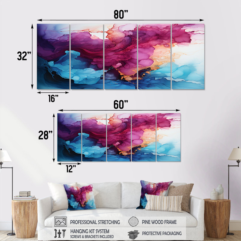 Art mural liquide, nuages magiques mauves, encre mauve 5 pièces, H 28 po x l 60 po