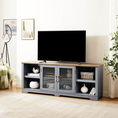 Console de télévision bleue et en chêne avec trous pour la gestion des câbles, ajustement de 80 po, l 70 po x P 15,82 po, H 27,55 po, meuble de divertissement fonctionnel et support, pour téléviseur, rangement pratique
