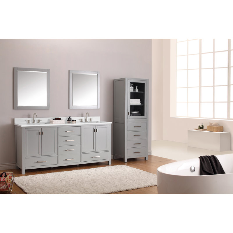 Meuble-lavabo double 72 po avec plateau Souther, Gris givré, Marbre blanc Cala