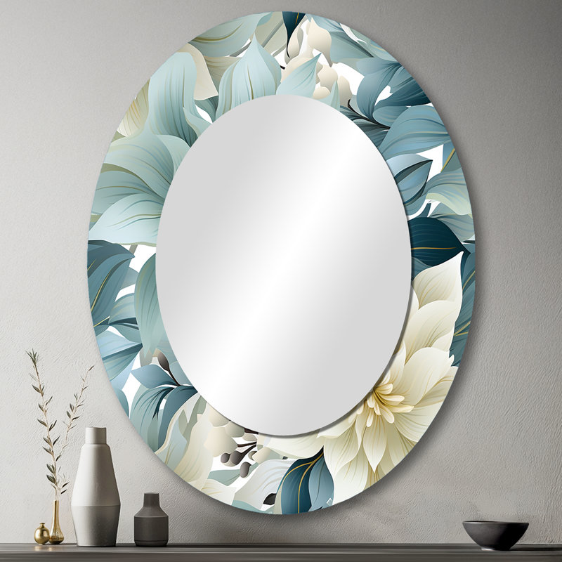 Zen Grey And White Flower Elegance - Large Oval Wall Mirror On Metal, 43" x 33"