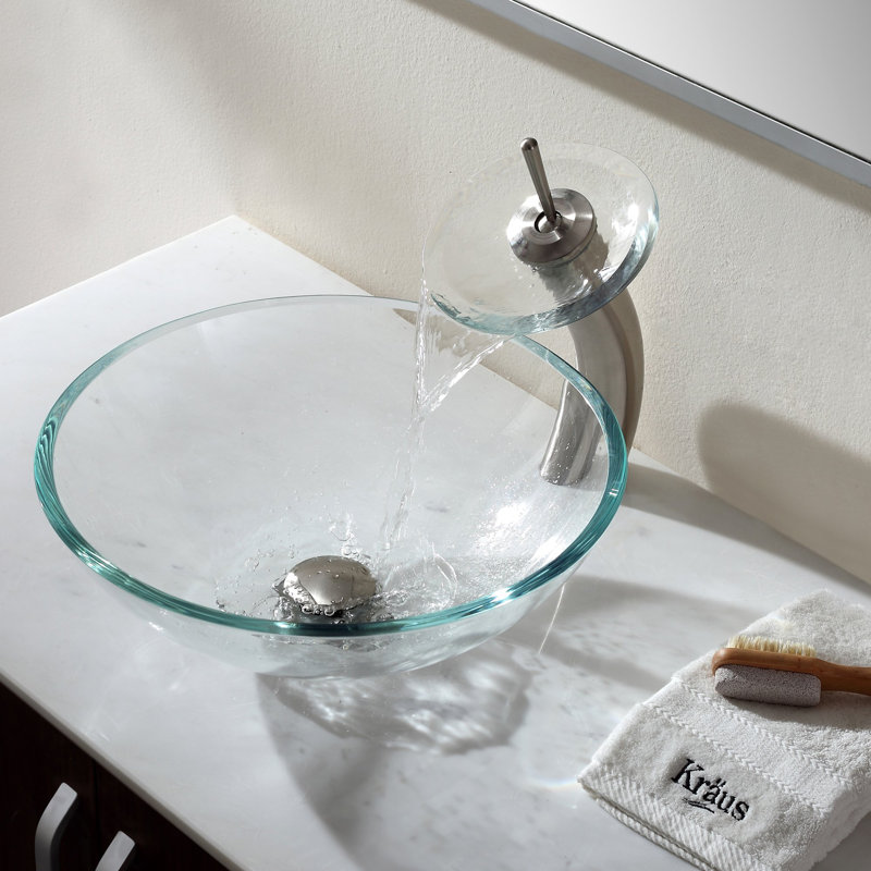 Crystal Glass Circular Vessel Bathroom Sink with Faucet, Satin Nickel