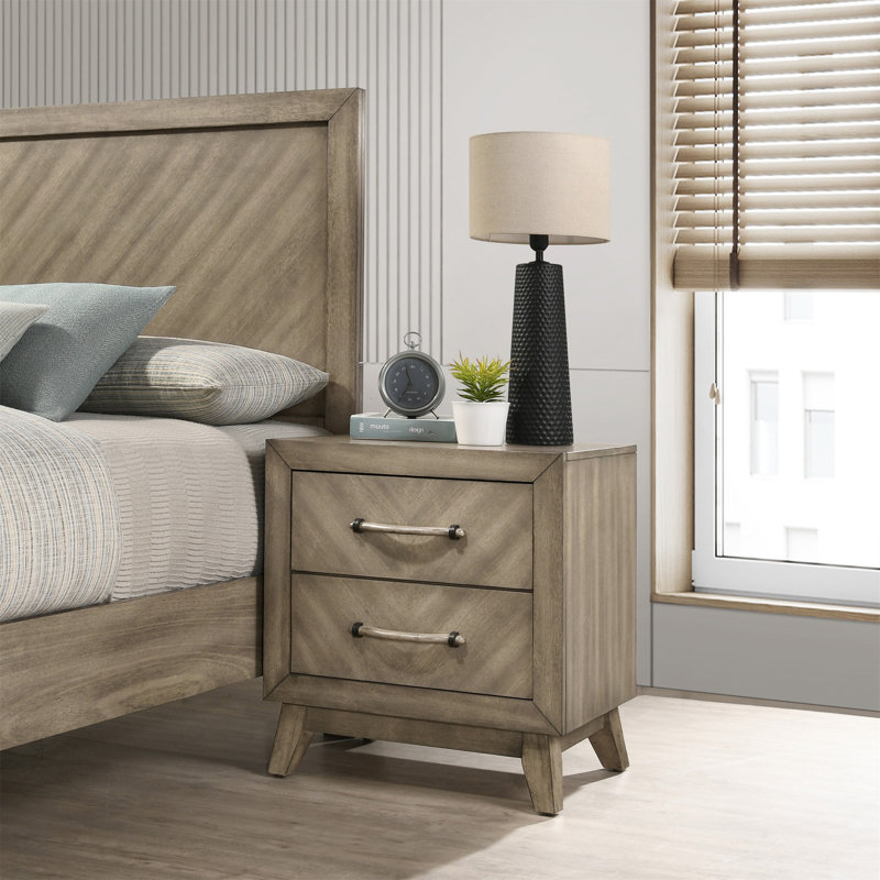 Table de chevet contemporaine à 2 tiroirs avec finition grise antique et beaucoup de rangement Arena, parfaite pour les chambres à coucher modernes