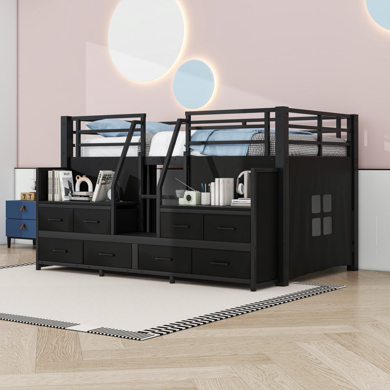 Lit simple mezzanine bas avec tiroirs de rangement intégrés et éclairage, Black
