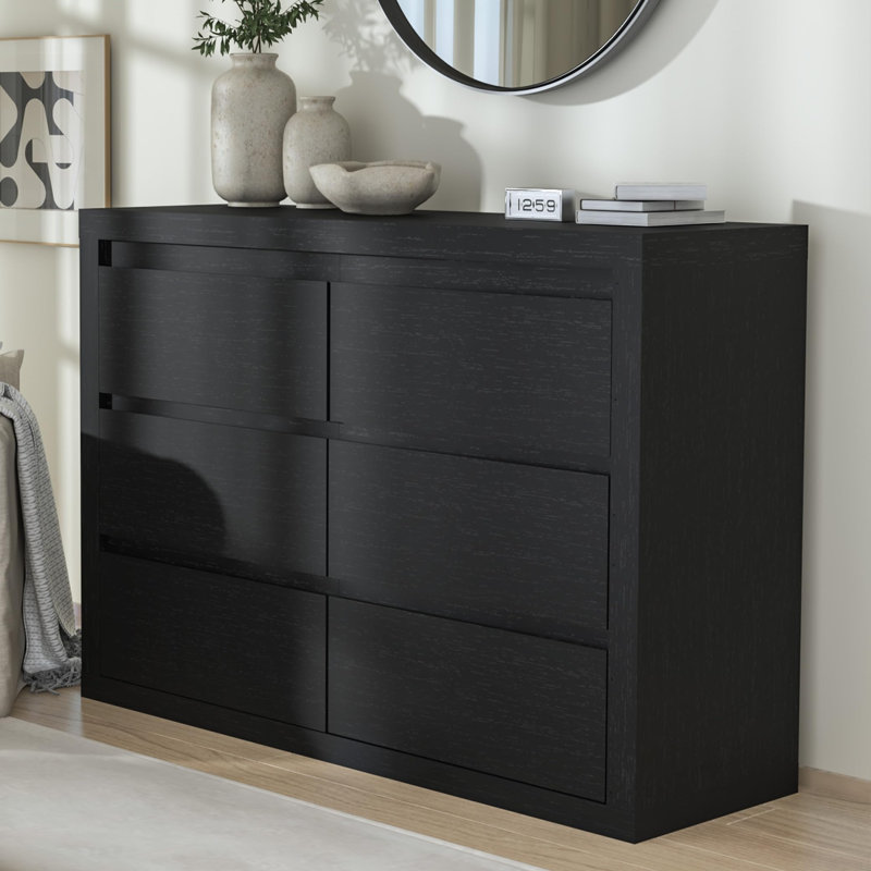 Modern 6 Drawer Dresser – Wide Wooden Chest with Anti-Tipping Device, Storage Cabinet & TV Stand for Bedroom, Closet, Living Room, Hallway (Charcoal Black)