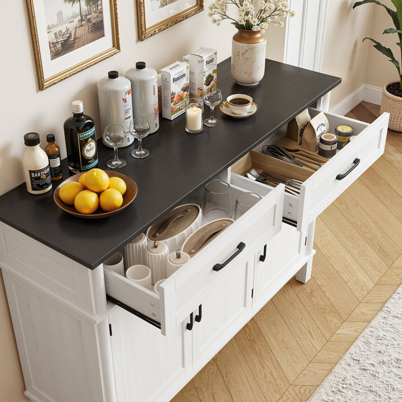 Buffet Buffet avec tiroirs, tablettes et portes, Blanc/Noir, H 34,2 po x l 47,2 po x P 14,9 po