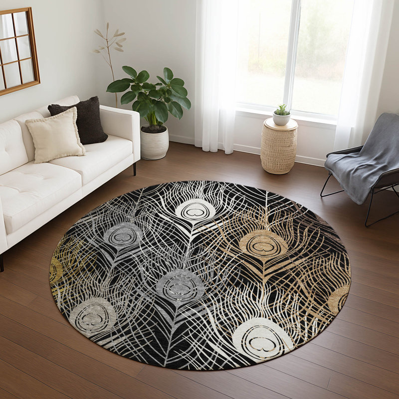 Machine Washable Indoor/Outdoor Jenning ACN2273 Floral Rug, Rond 8 pi