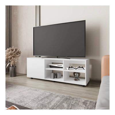 Meuble télé blanc avec porte et rangement ouvert
