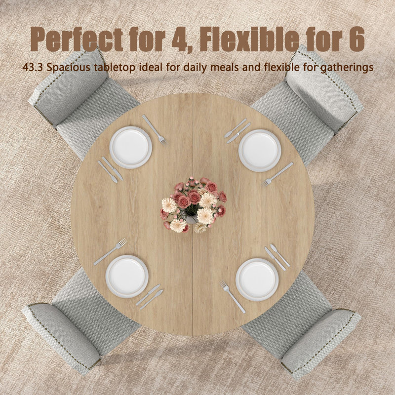 Table de salle à manger ronde 43,3 po pour 4 à 6 personnes - Table de cuisine circulaire compacte avec piédestal en bois et tablette de rangement - pour la cuisine, le salon, l’appartement